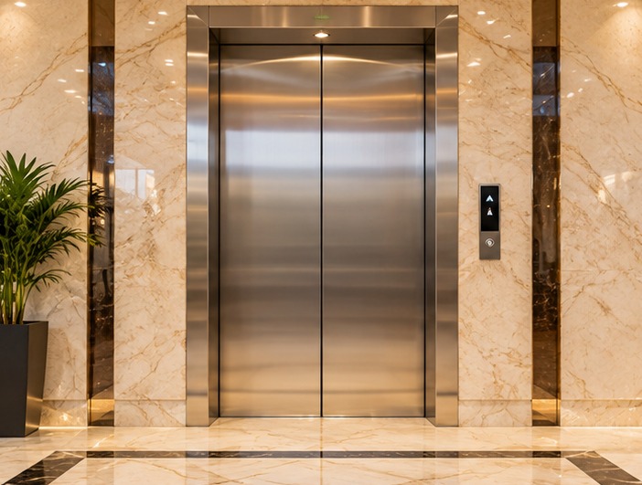 Modern stainless-steel passenger elevator in a marble lobby