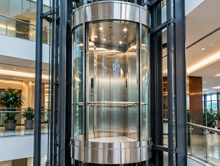 Panoramic glass elevator in a modern atrium